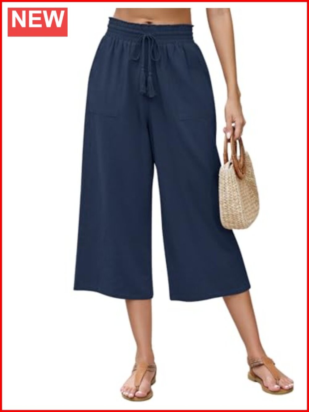 Linen Wide Leg Capri Pants Elastic High Waisted Cropped Casual